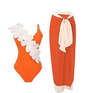 Orange Floral Swimsuit with Skirt Cover Up